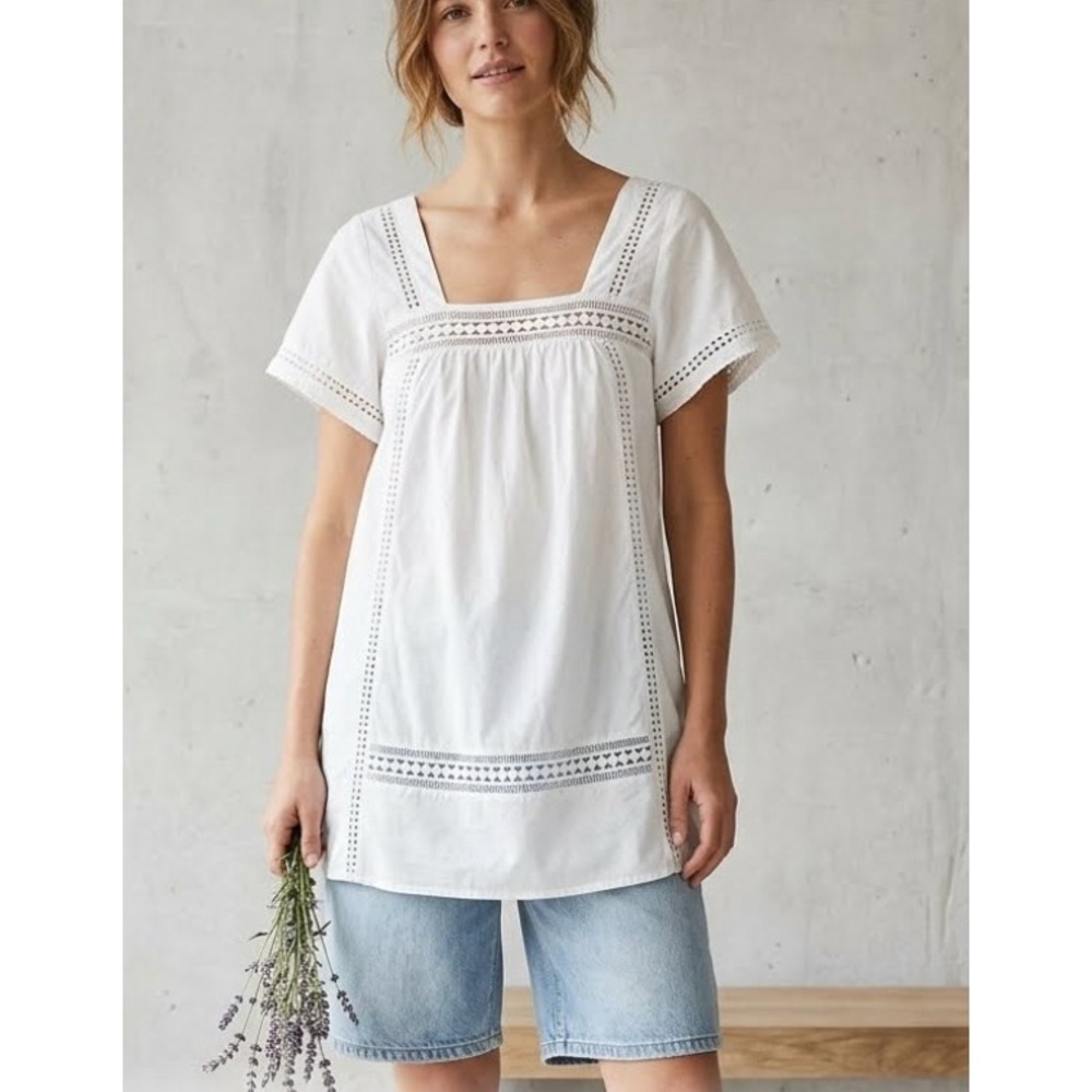 VTG Abercrombie & Fitch White Cotton Lace Trim Mini Dress Square Neck XS Pocket